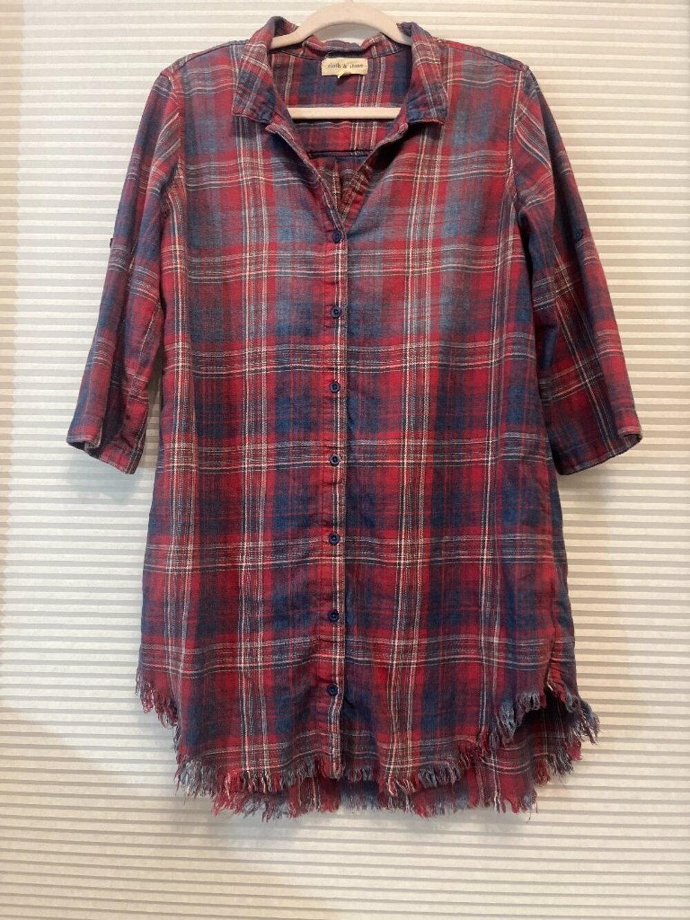 Cloth & Stone Plaid Frayed Hem Shirt Dress Tunic Red Blue